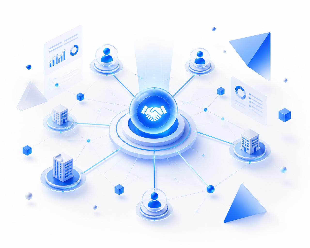 Ilustração de intermediação de negócios digitais conectando empresas por uma rede de tecnologia